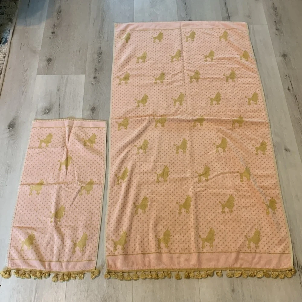 Besana Made in Italy pink & Gold Reversible Towel POODLES Tassel Fringe vintage